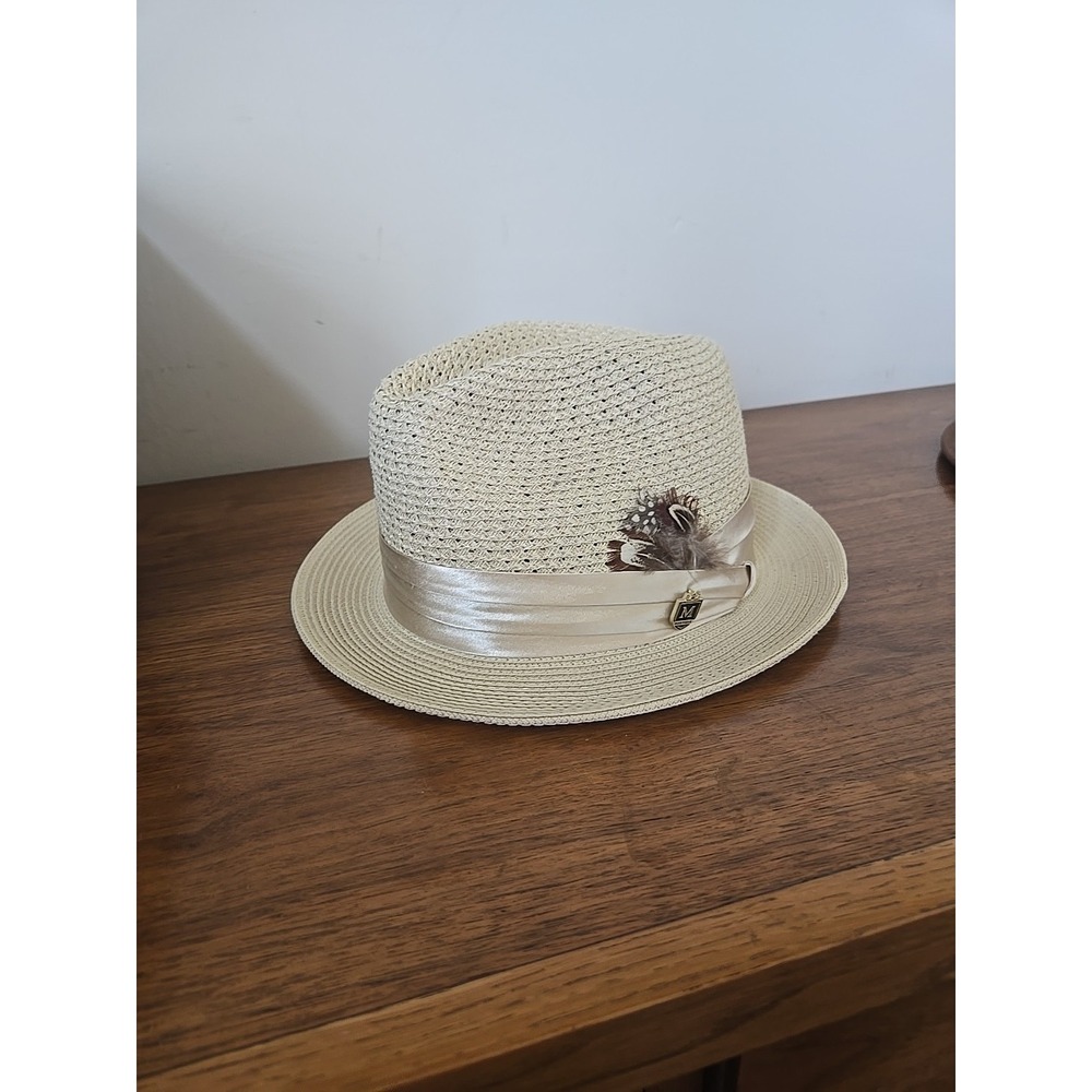 Montique Men's Brown Tan WOVEN Boater Hat M Summer Dress Fedora IVORY Feather